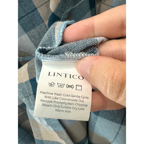 LINTICO | Linen Blend Blue Plaid Cowl Neck Short Sleeve Shirt Top | XL - Picture 9 of 9